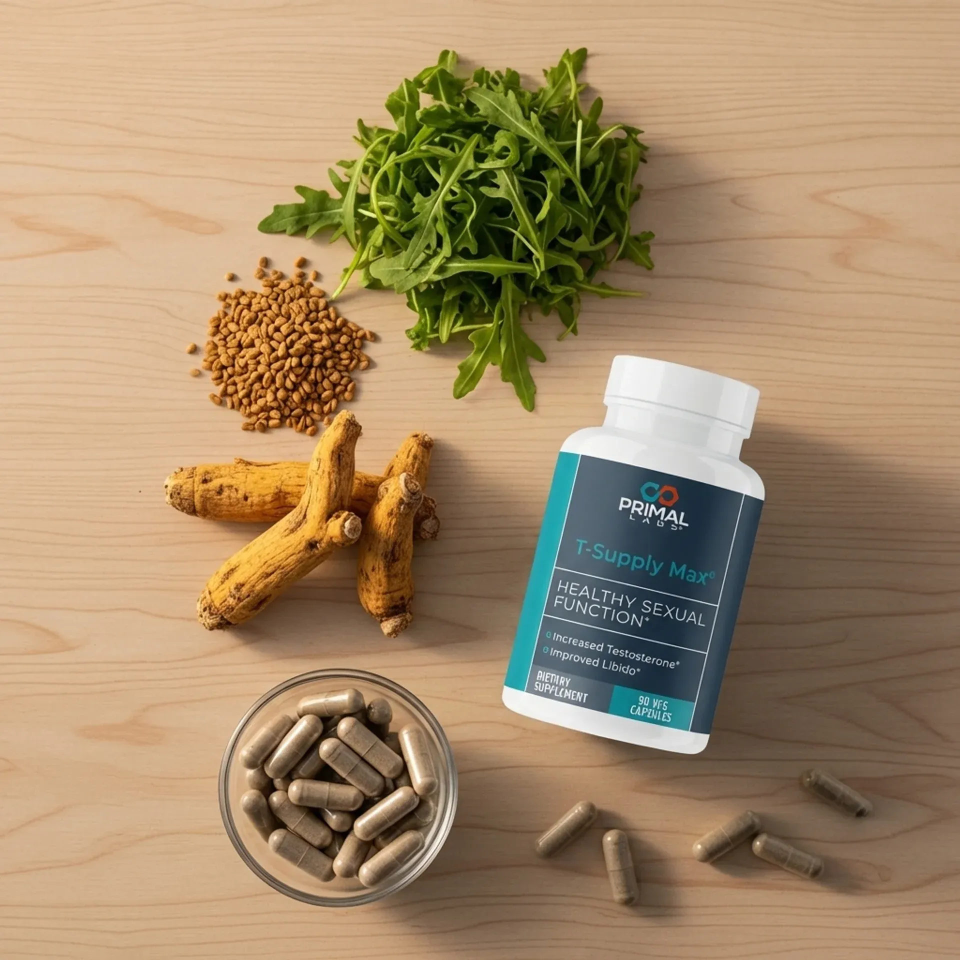 T-Supply Max natural ingredients - arugula, fenugreek seeds, Tongkat Ali root, and capsules