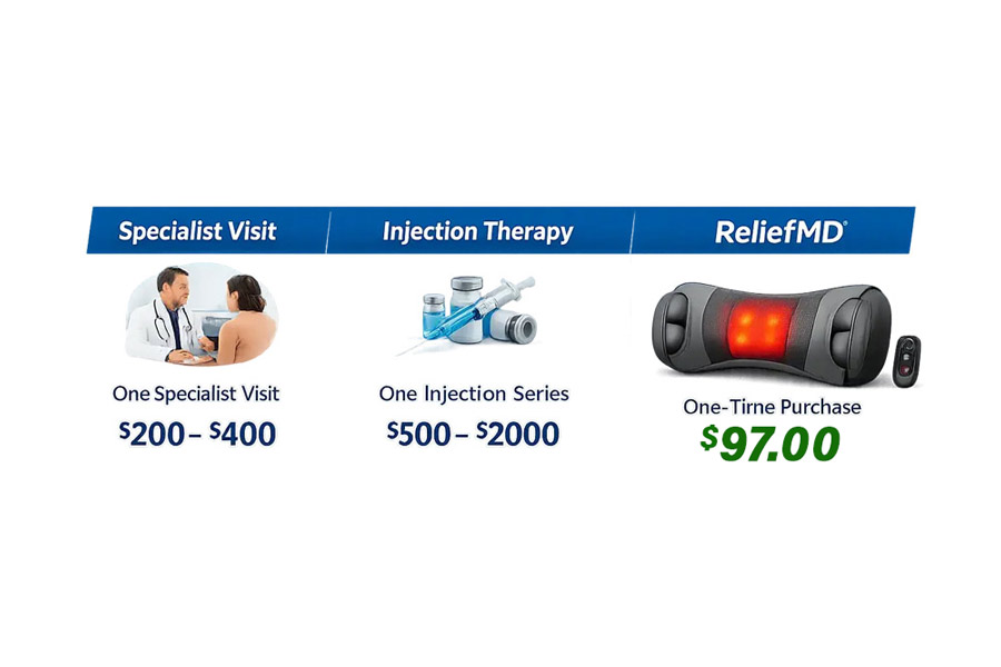 Price comparison: specialist visit, injection series, vs ReliefMD one-time cost