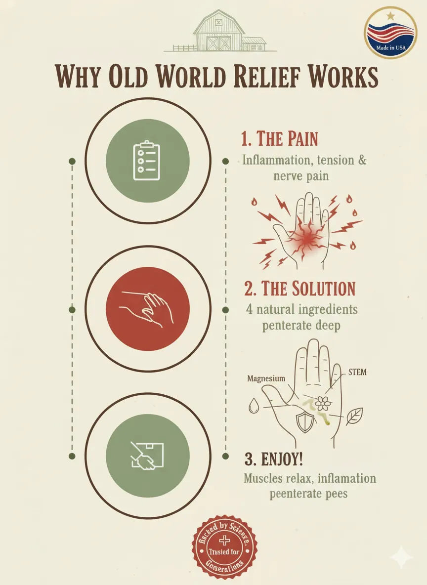 Why Old World Relief Works - 3 step infographic showing The Pain, The Solution with 4 natural ingredients, and Enjoy relief