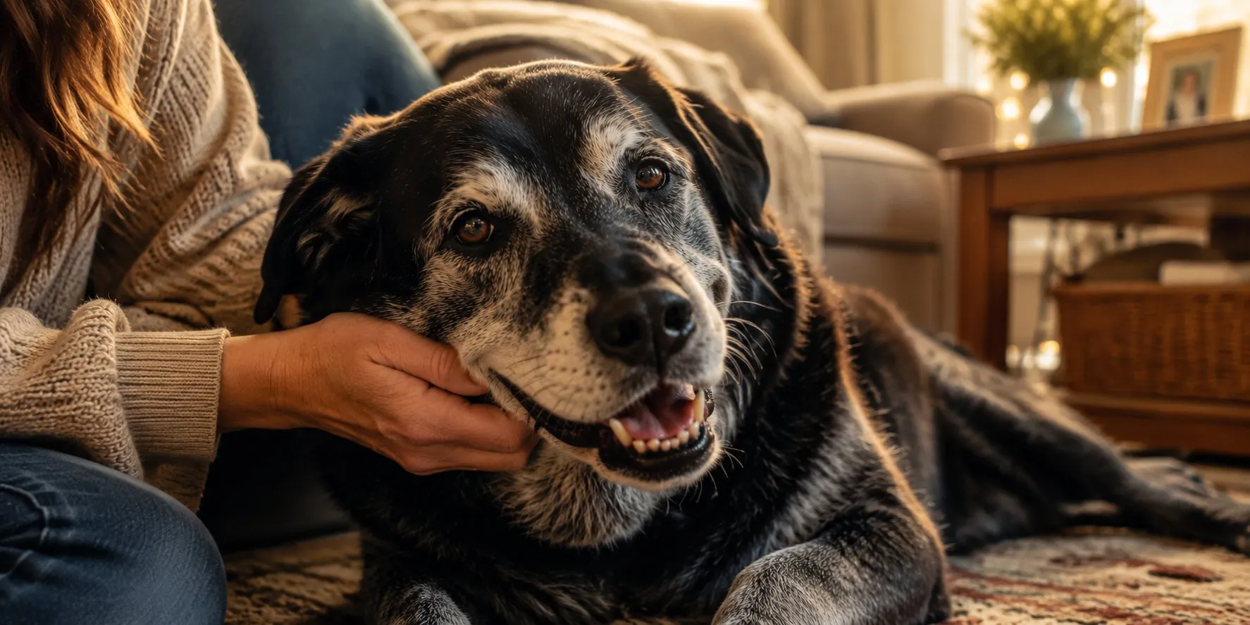 Senior dog being affectionately petted by owner at home
