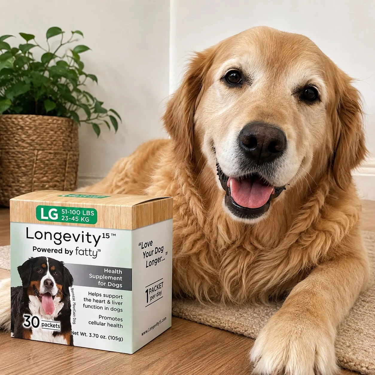 Longevity15 supplement box next to a happy golden retriever