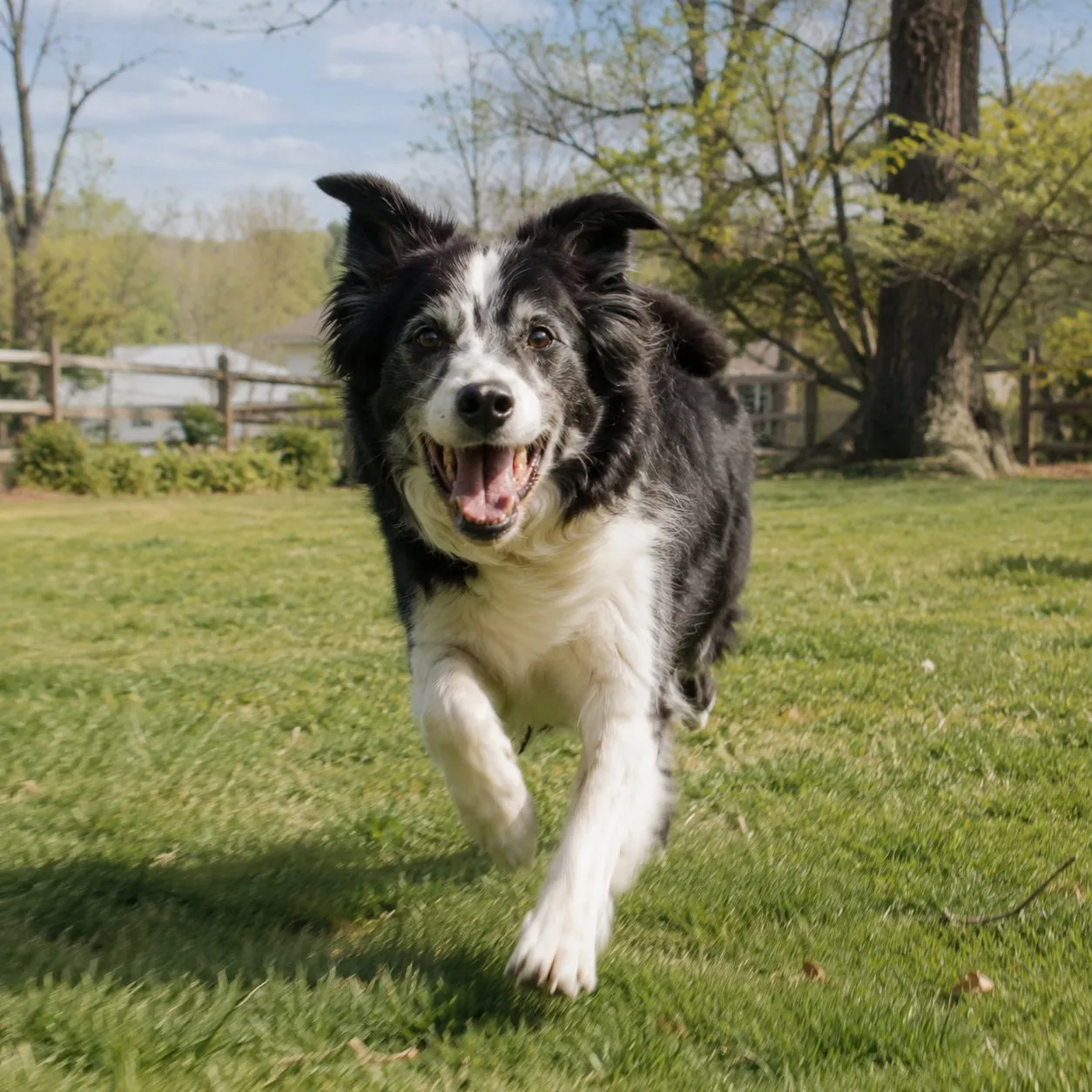 Senior border collie running youthfully in a sunny yard
