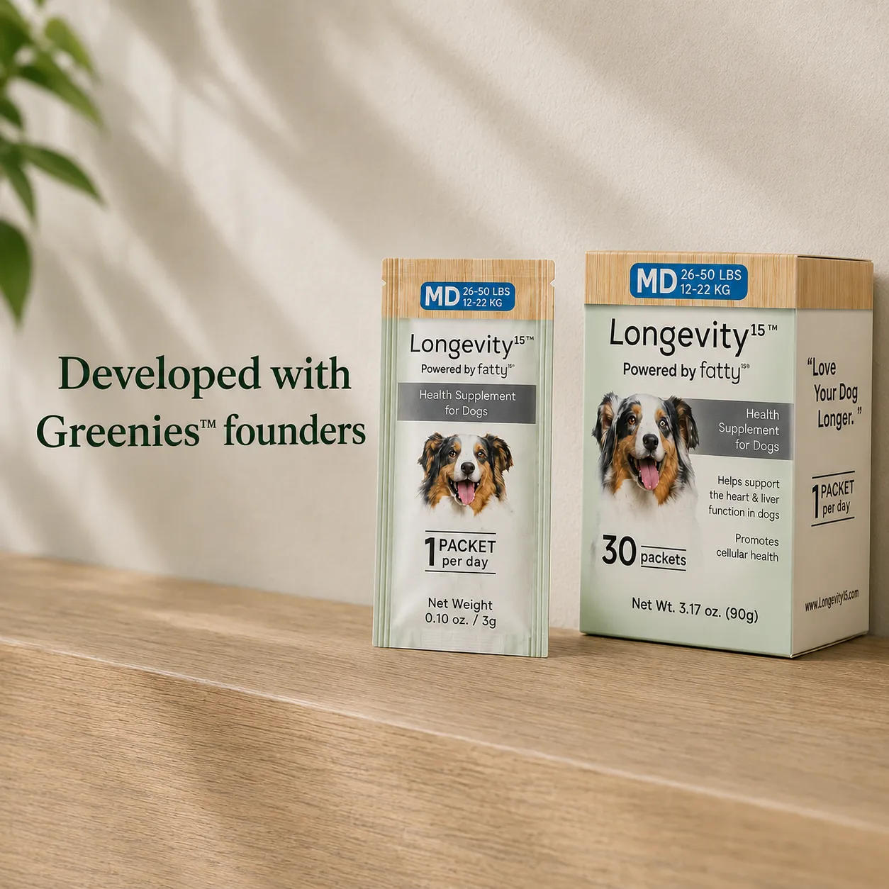Longevity15 packet — developed with Greenies founders
