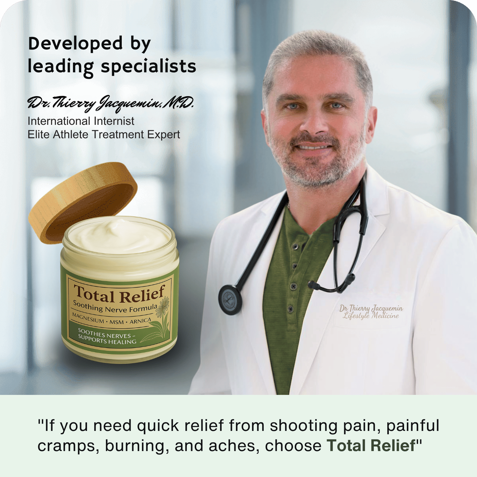 A dentist promoting QuietLab Plus with a thumbs-up, featuring the Italian flag and product packaging.