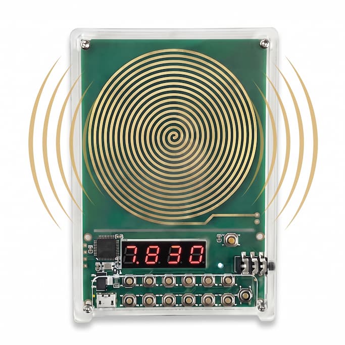 Amatro TrueWave frequency generator, front view showing the coil, the digital display and the keypad