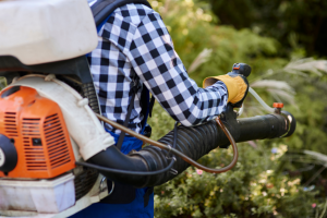 Person using traditional gas leaf blower