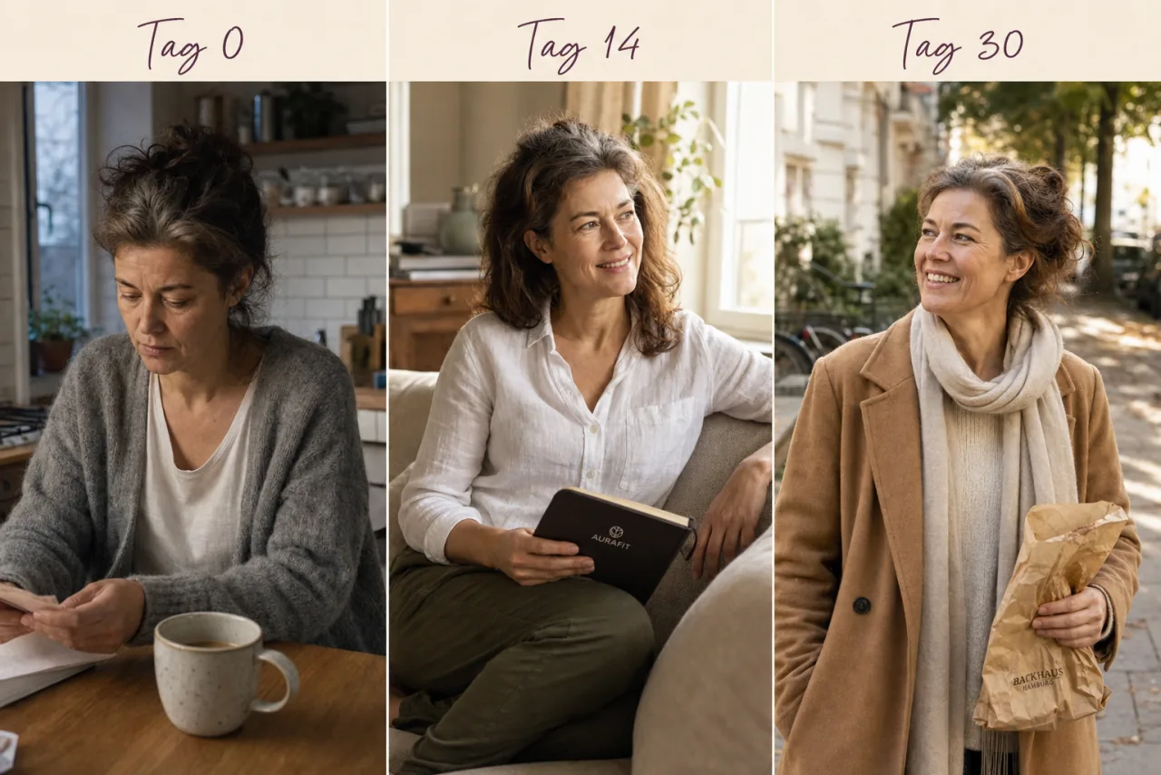 Tag 0 · Tag 14 · Tag 30 — Frauen-Collage