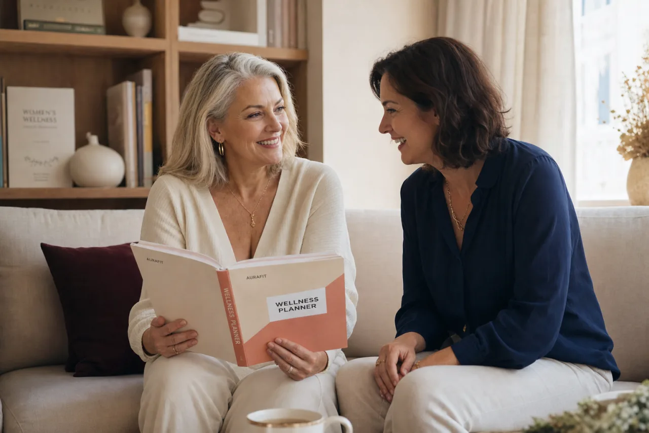 Zwei Frauen mit dem AuraFit-Planer in einer Wellness-Praxis