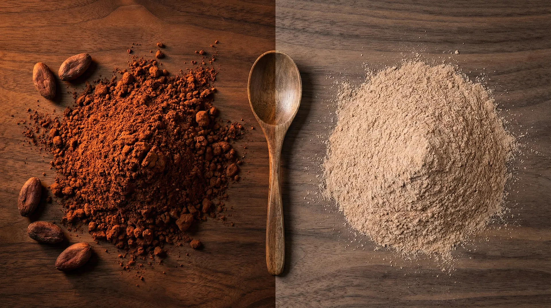 Side-by-side: Rich ceremonial cacao vs pale processed cocoa