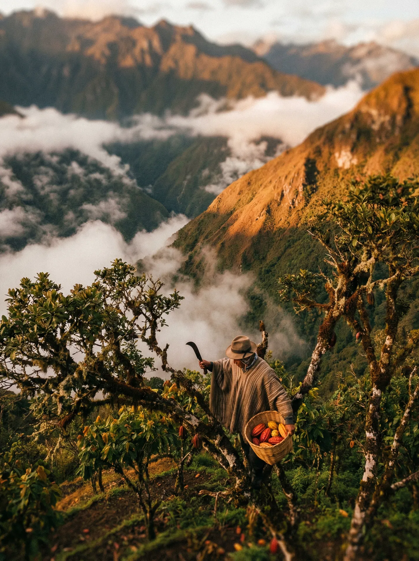 Farmer hand-picking cacao pods on a remote Peruvian highland farm