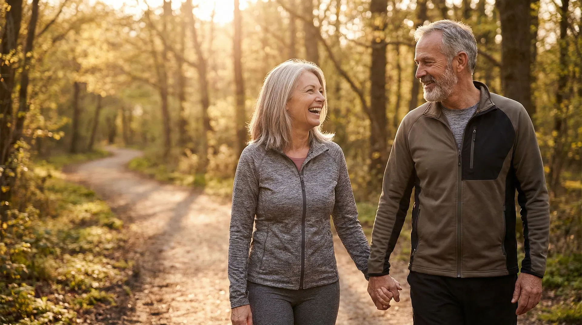 Active healthy couple walking in nature at golden hour