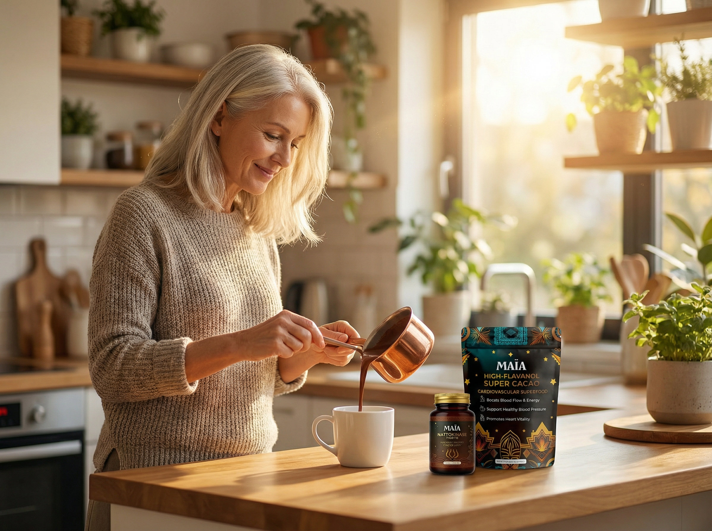 Woman preparing MAÏA Super Cacao and Nattokinase morning ritual