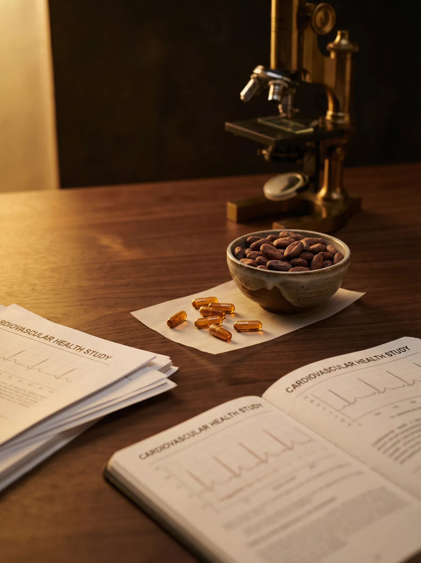 Clinical research — cacao beans, nattokinase capsules, and cardiovascular health studies