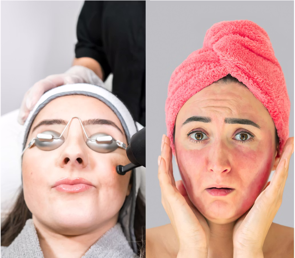 Med spa on the left, red irritated face on the right