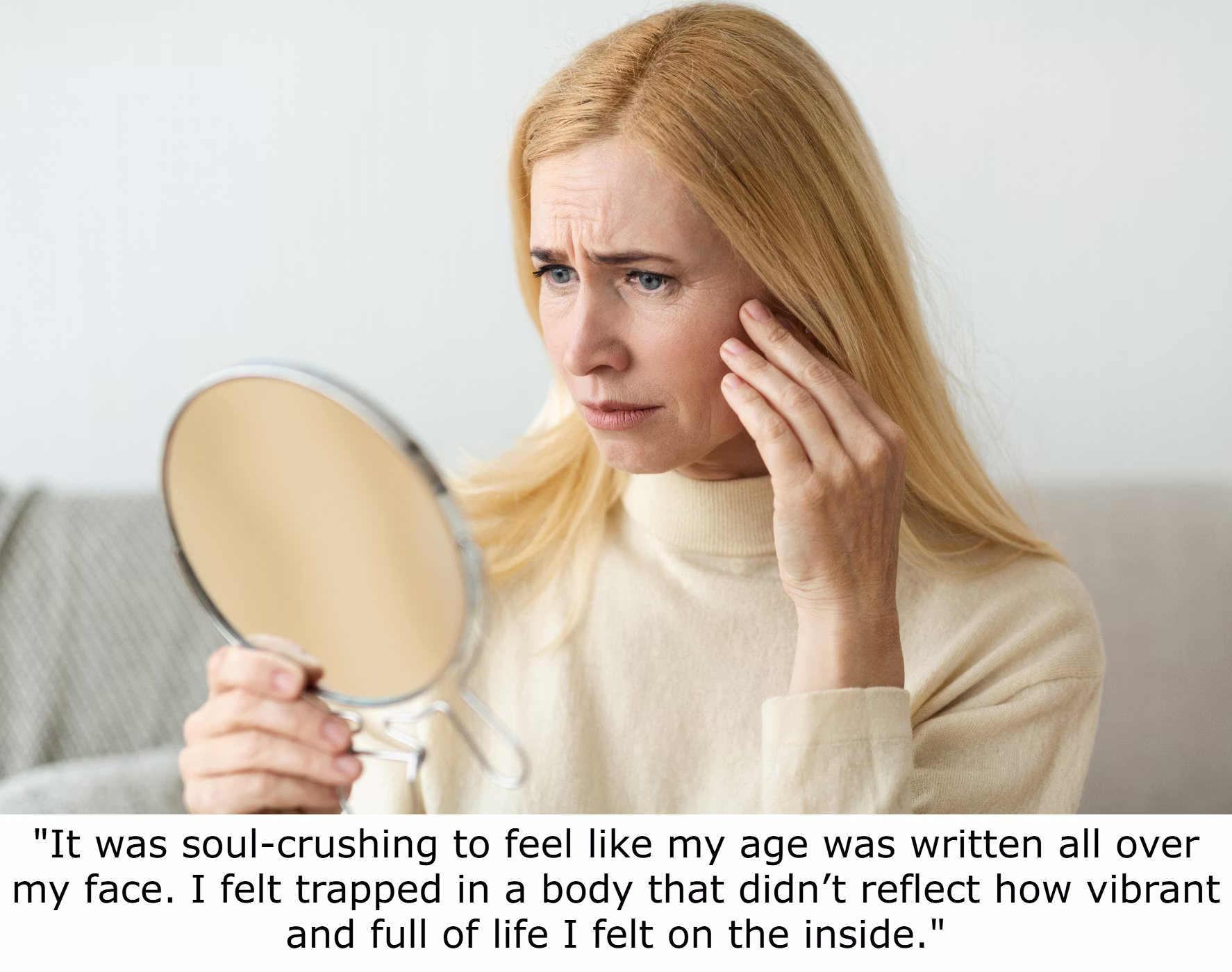 A middle-aged woman looking in the mirror with a mix of frustration and sadness