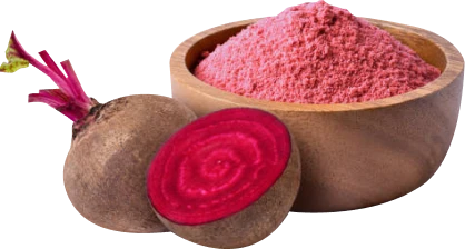 Beetroot and a bowl of pink beetroot powder.