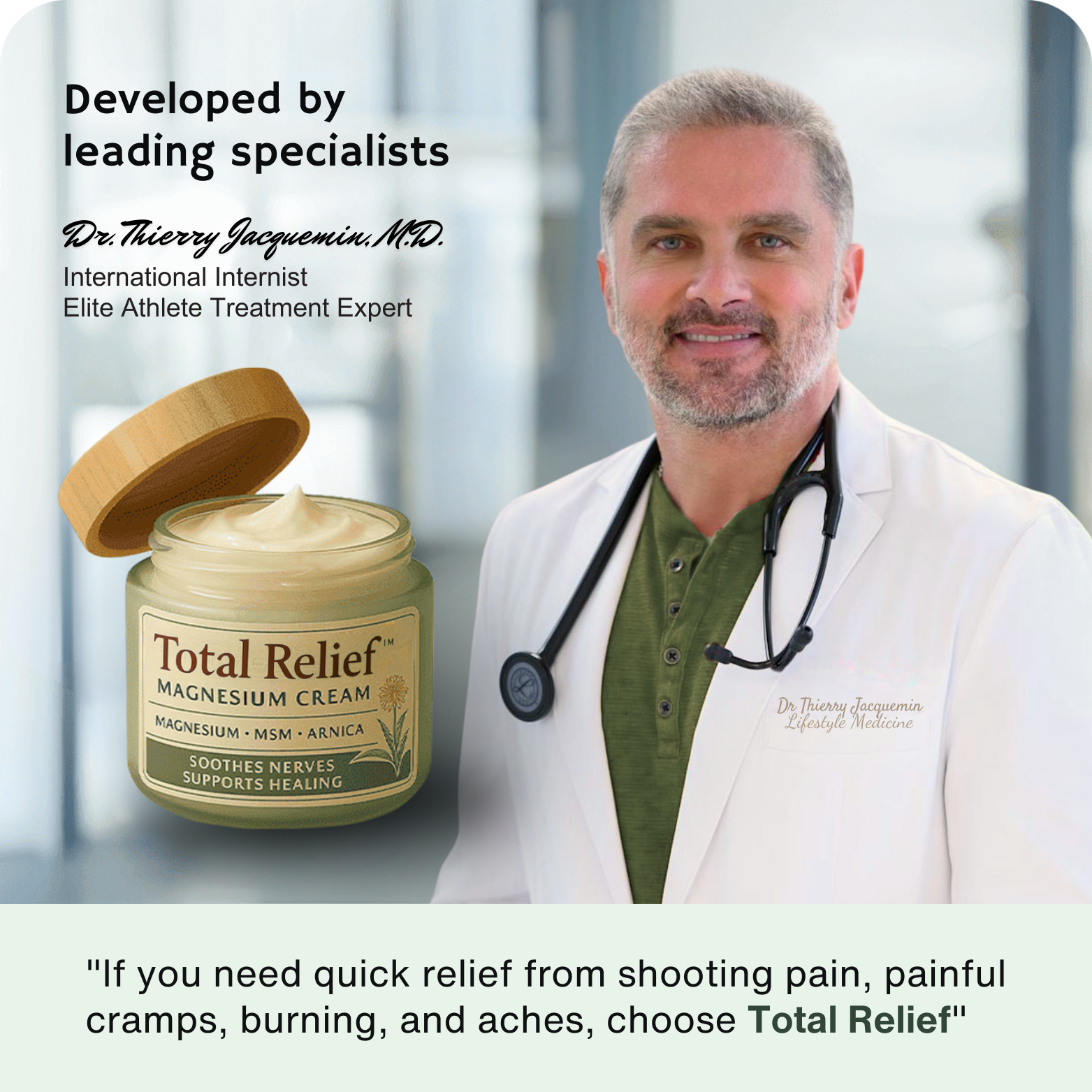 A dentist promoting QuietLab Plus with a thumbs-up, featuring the Italian flag and product packaging.