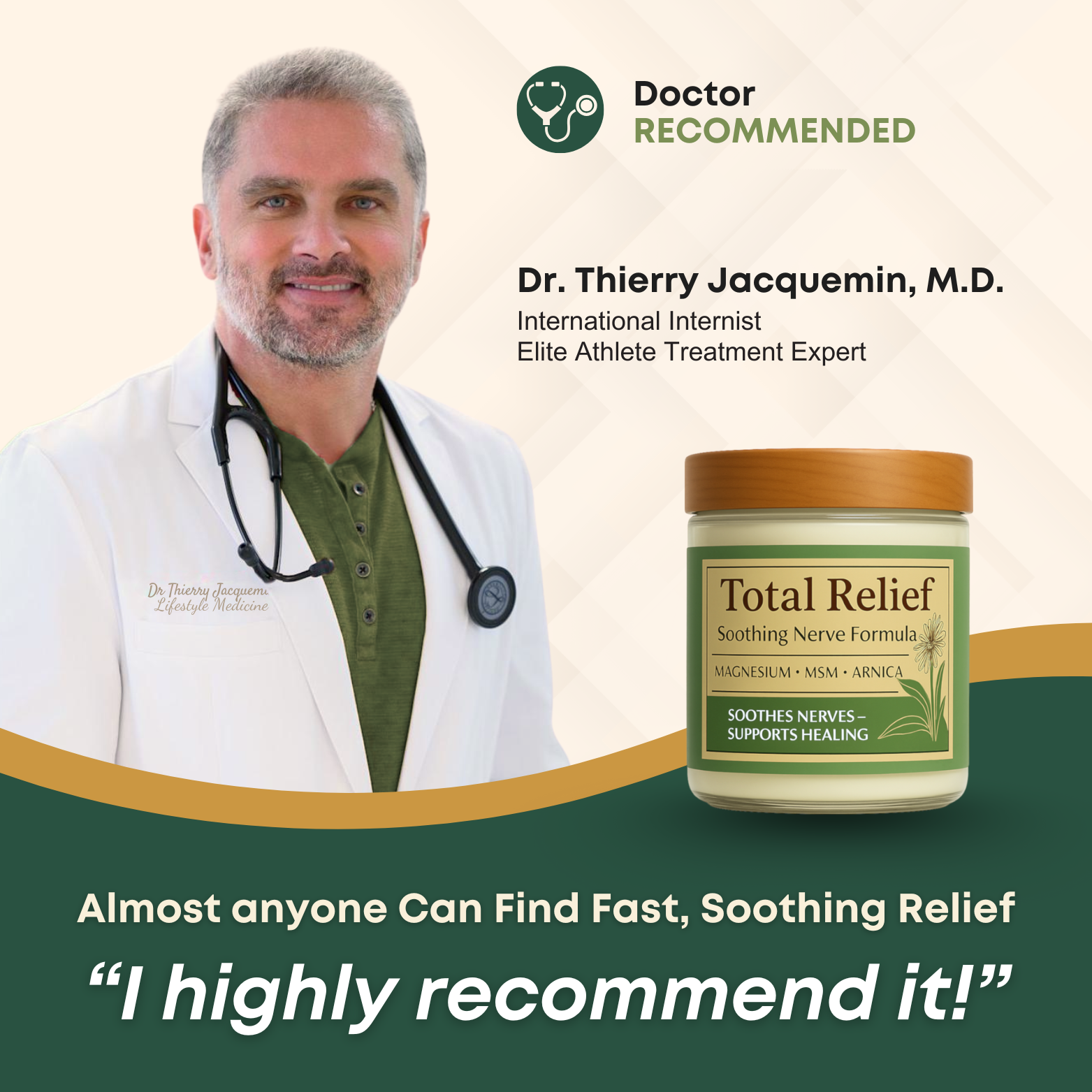 A dentist promoting QuietLab Plus with a thumbs-up, featuring the Italian flag and product packaging.