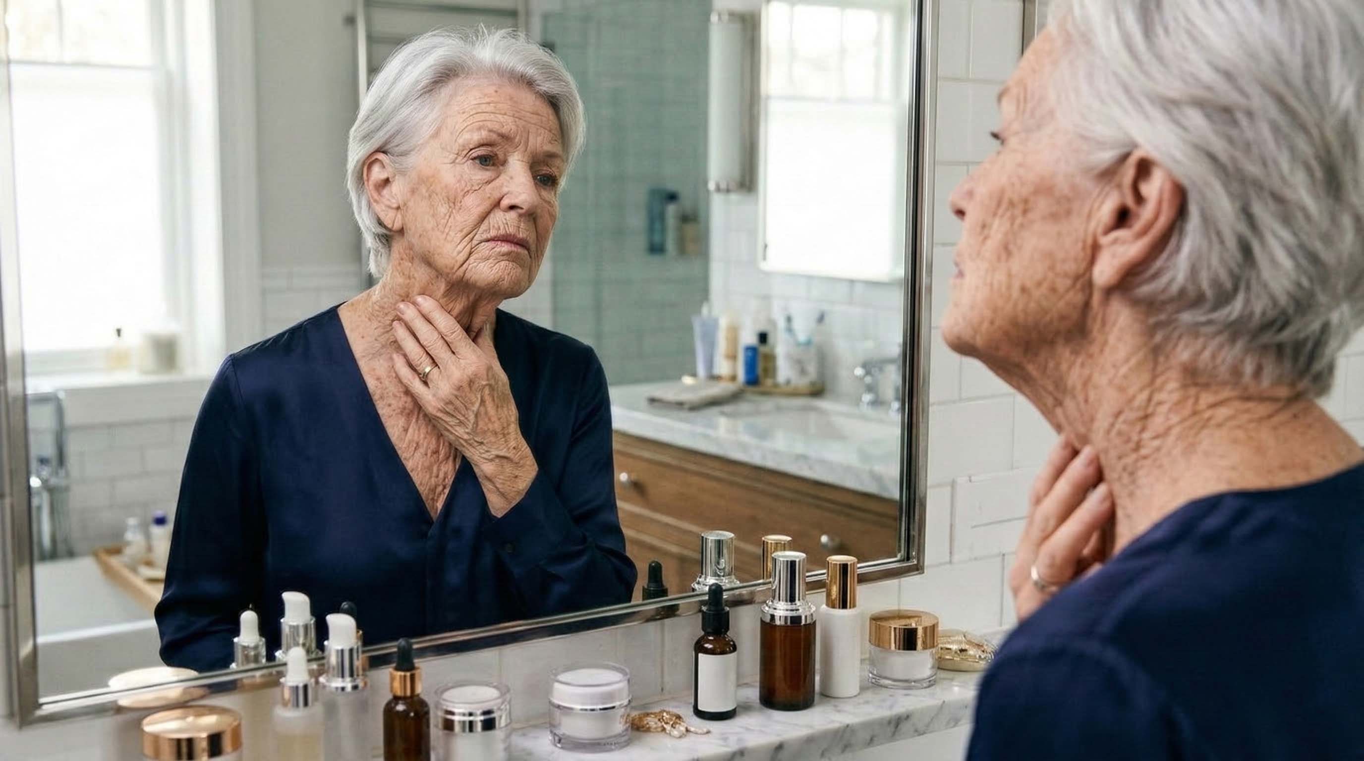 Frau betrachtet besorgt ihren Hals im Spiegel