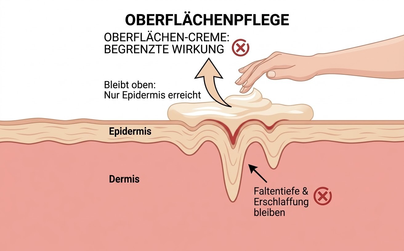 Vergleich: Eindringtiefe herkömmliche Creme vs. tiefenwirksame Formel