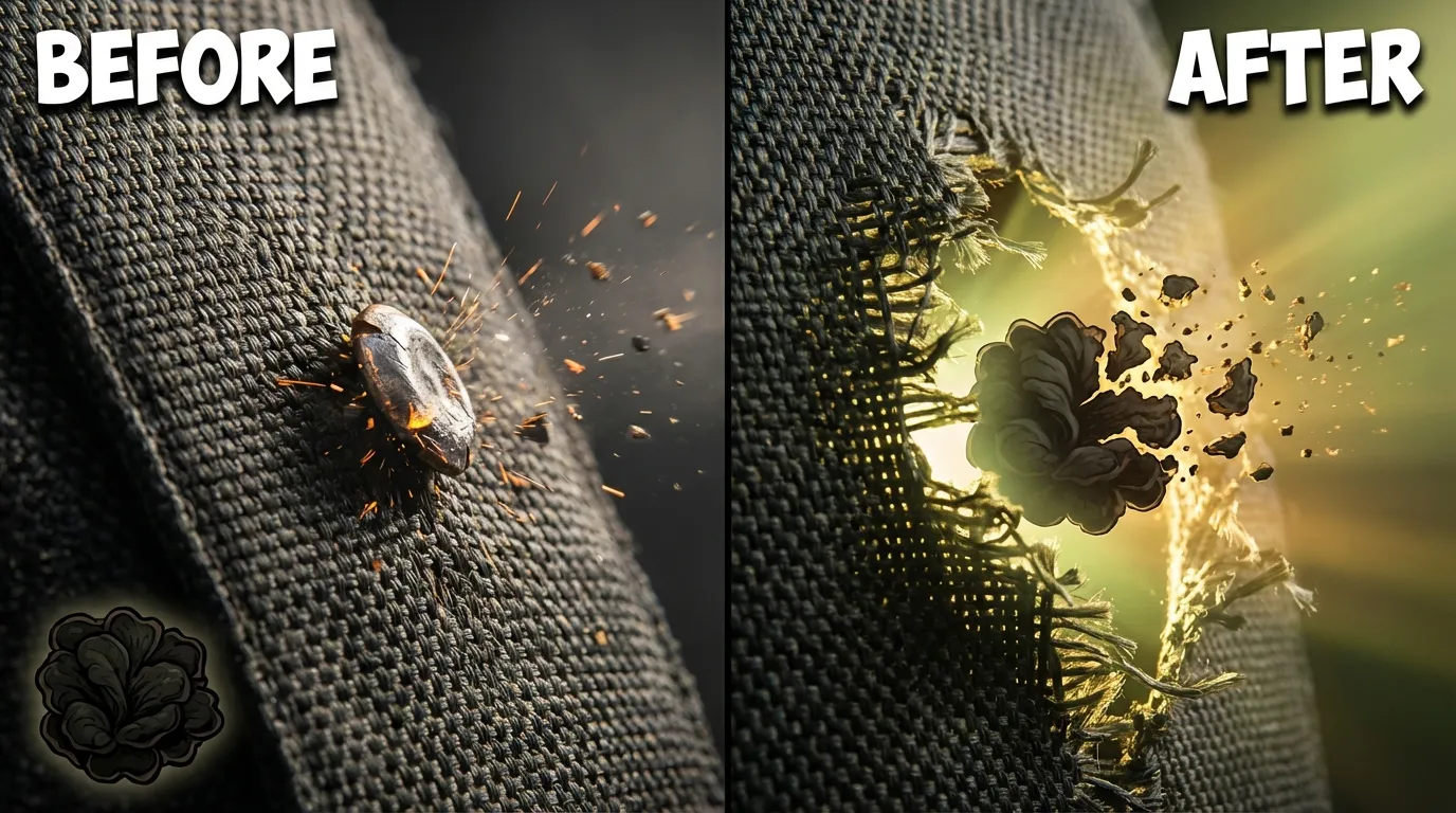Before: fungal biofilm colony under skin. After: tea tree oil penetrating and destroying it.