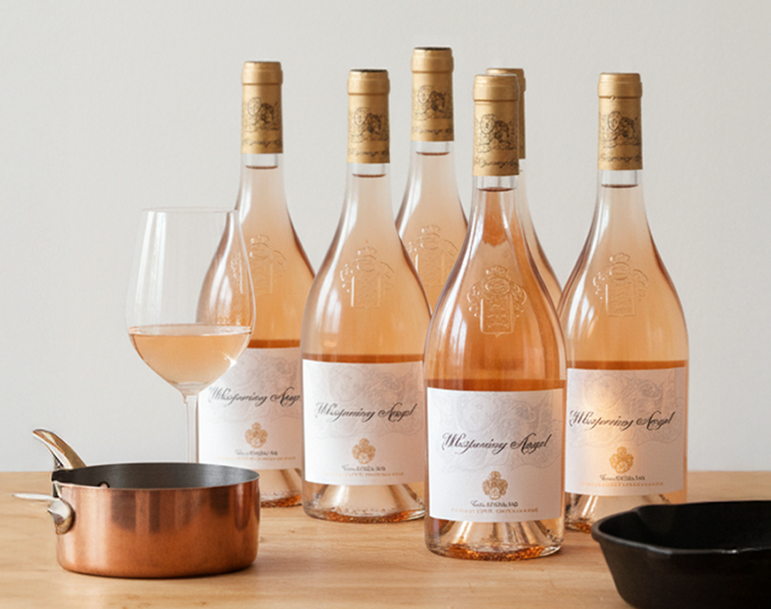A collection of six premium Rosé wine bottles on display.