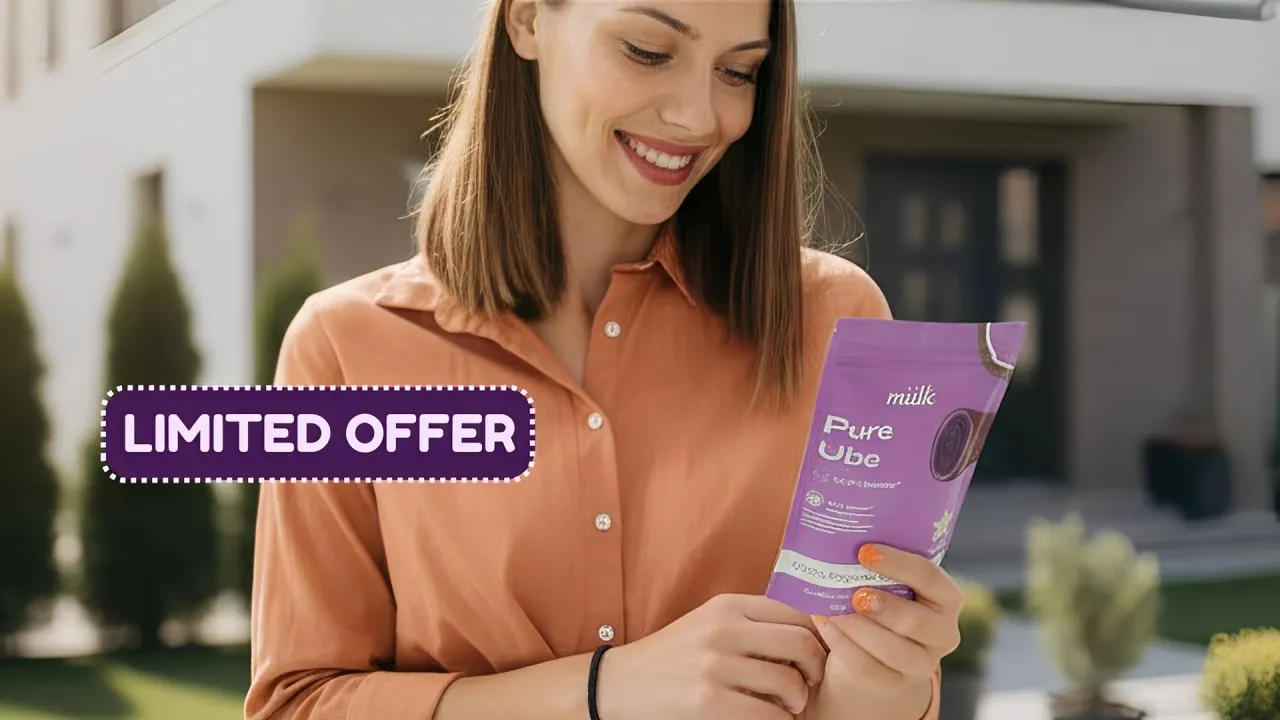 Woman holding a packet of MAÏA cacao and a cup of drink, labeled 'LIMITED.'