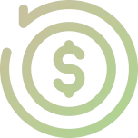 A circular arrow and a dollar sign symbol in gradient green.