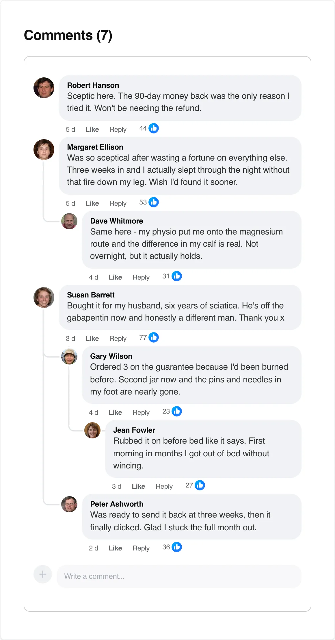 Facebook comments from real customers about their sciatica relief