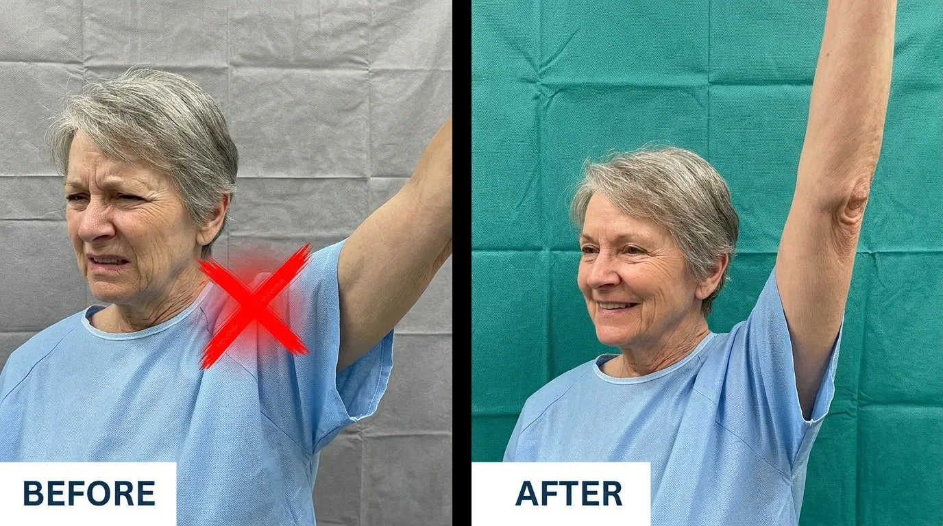 Orthopedic surgeon examining a painful shoulder with X-ray overlay
