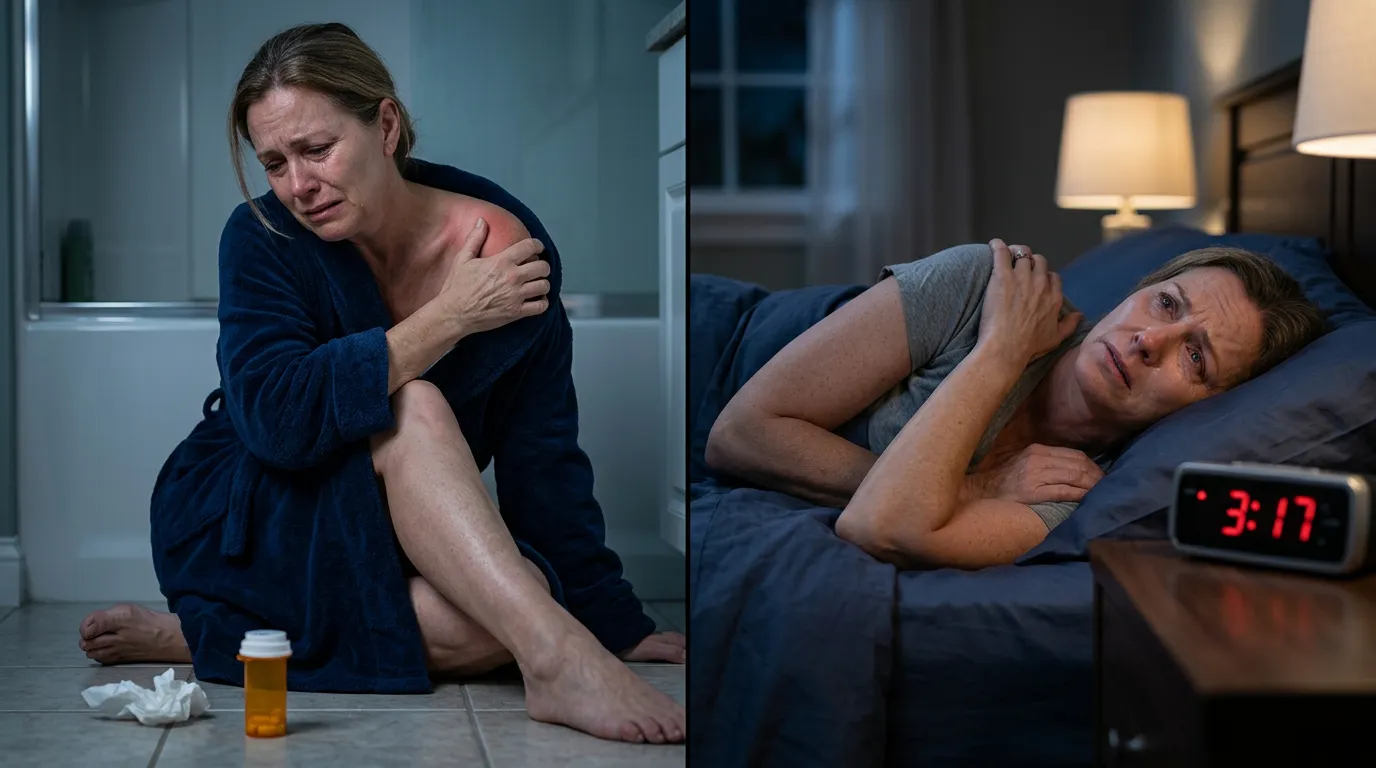 A person in pain at night, unable to lift their arm
