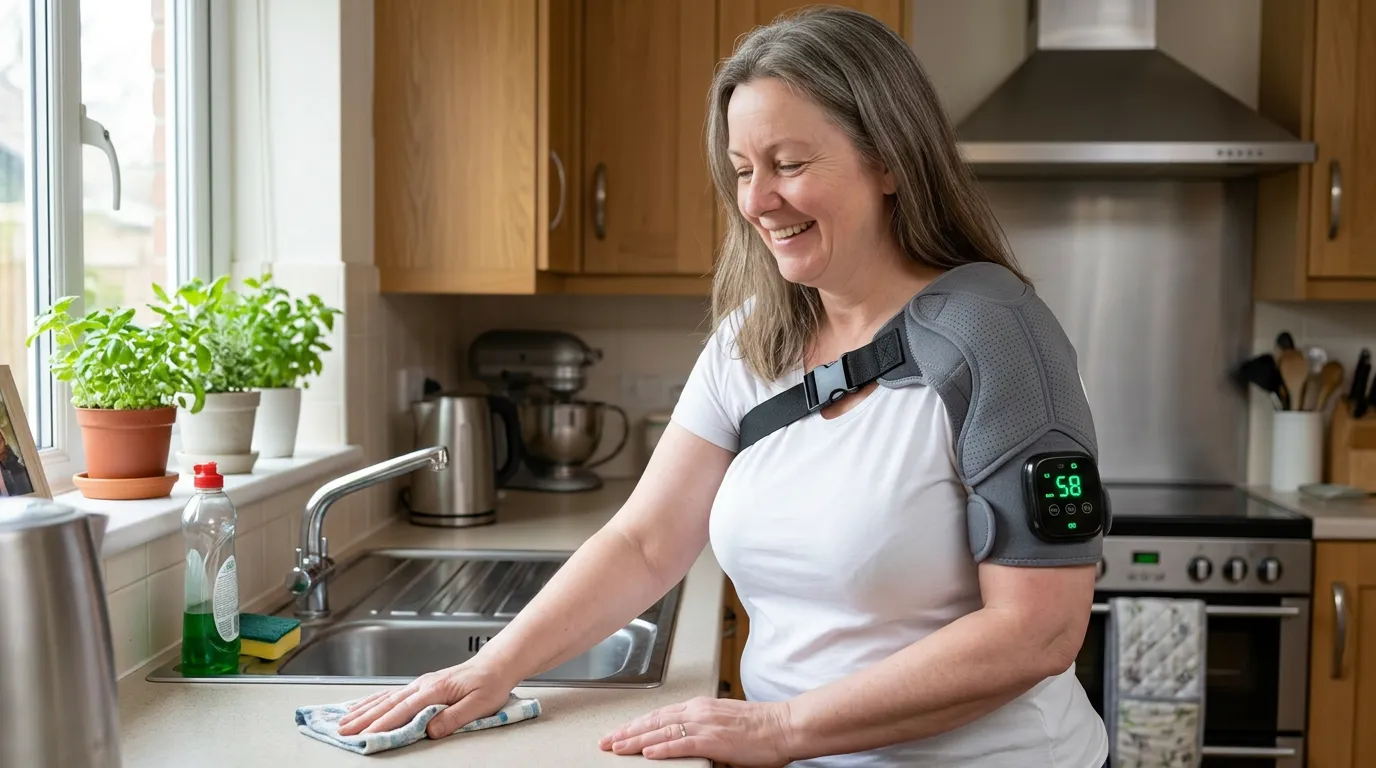 A person relaxing comfortably while using the Komprio shoulder massager