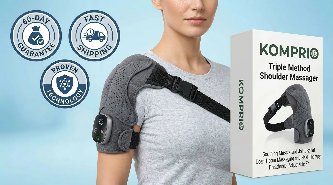 Komprio shoulder massager with 90-day money-back guarantee badge