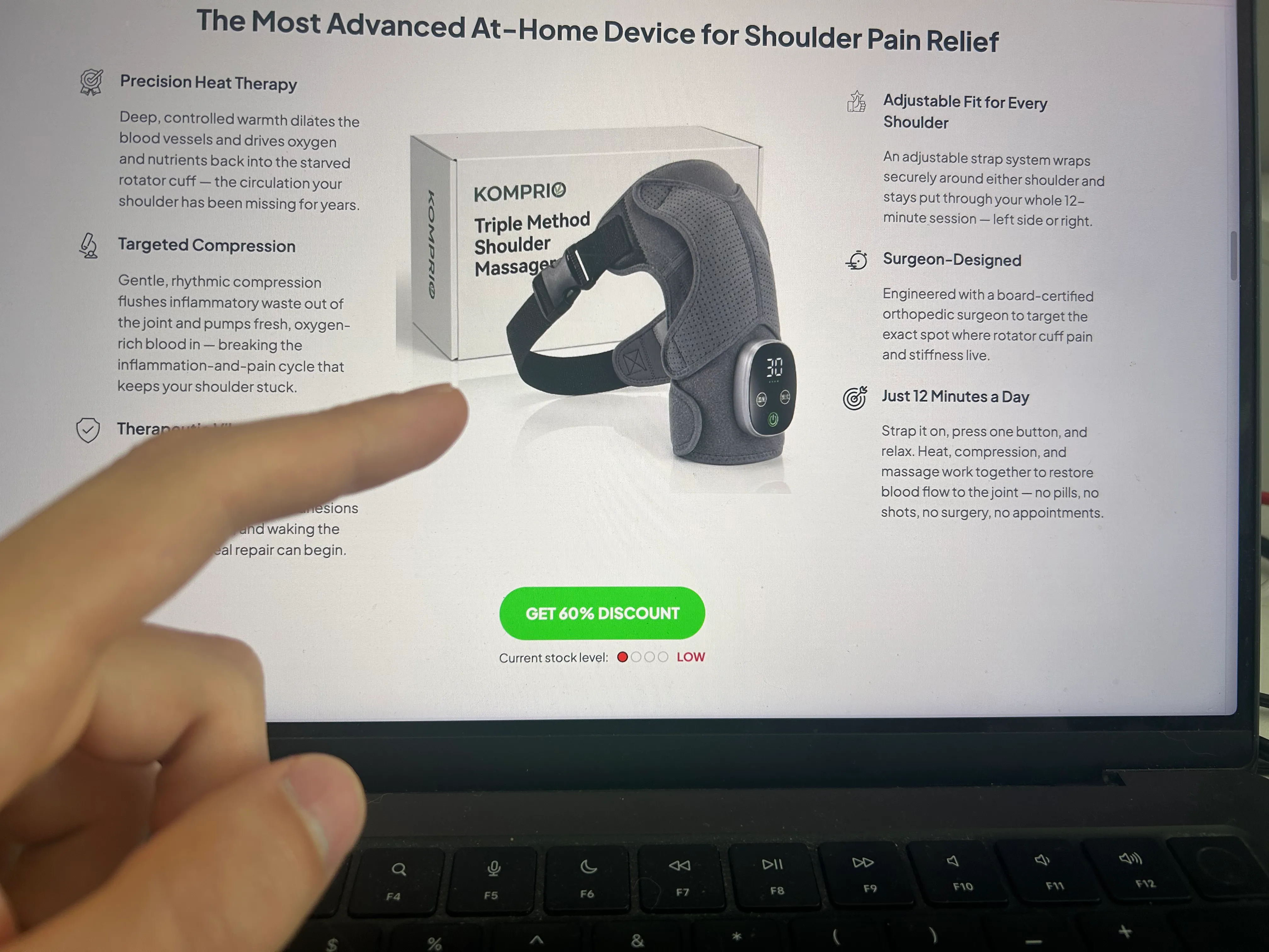 Komprio shoulder massager with discount and guarantee badges