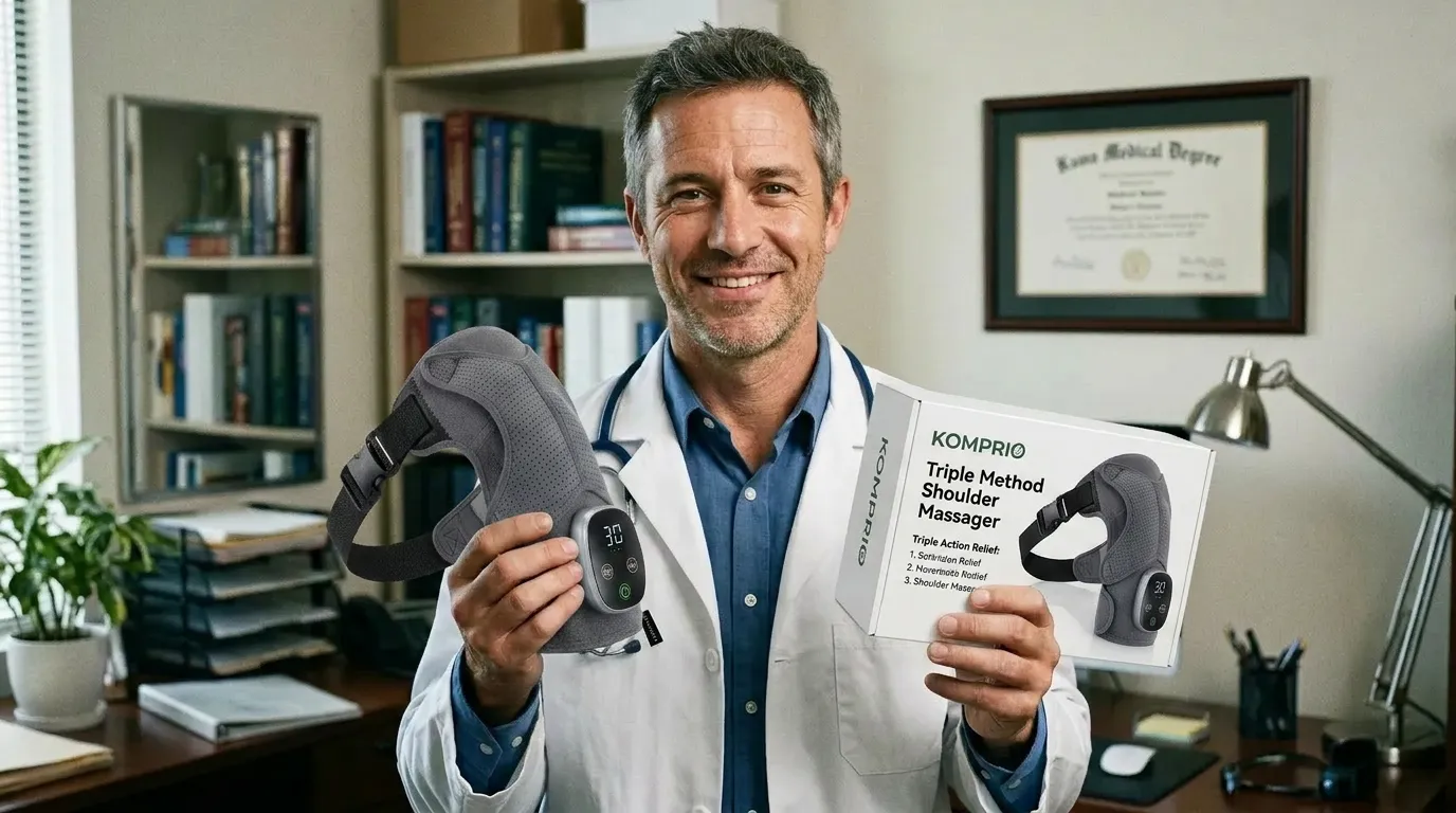 Dr. Caldwell holding up the Komprio shoulder massager and packaging