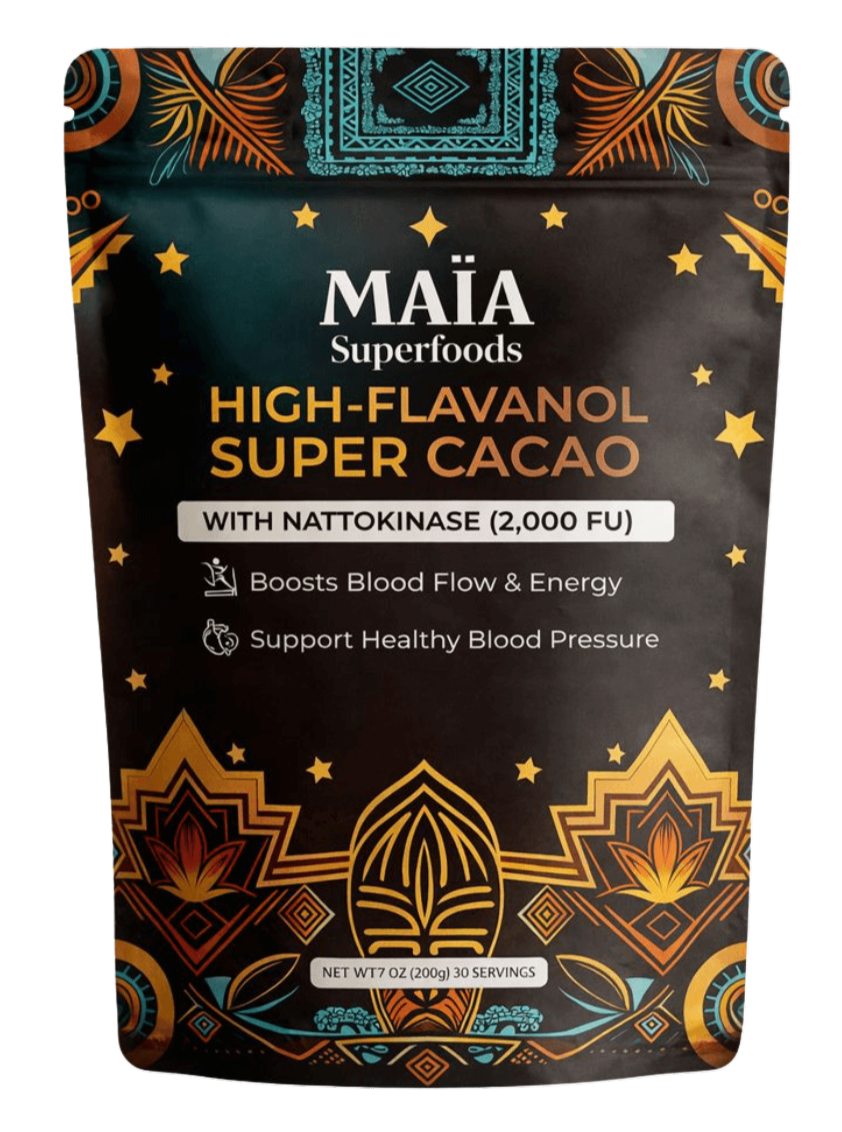 Package of ceremonial cacao with colorful geometric and tribal designs.