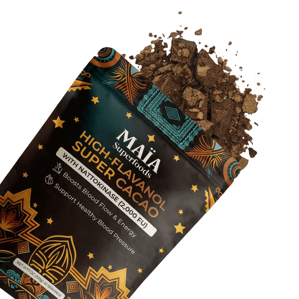 Bag of Maïa ceremonial cacao spilling chocolate pieces.