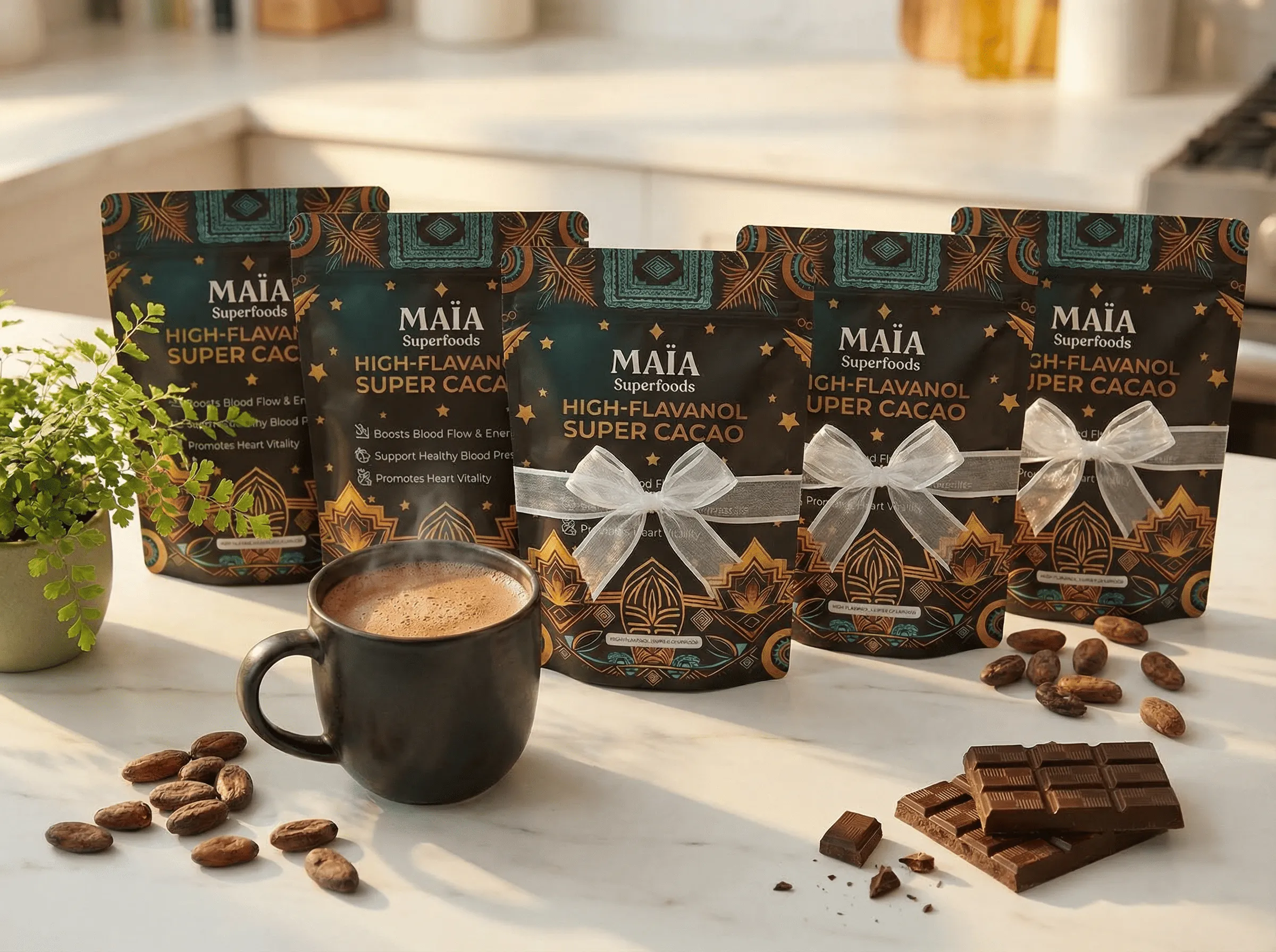 MAÏA Ceremonial Cacao with a warm cup