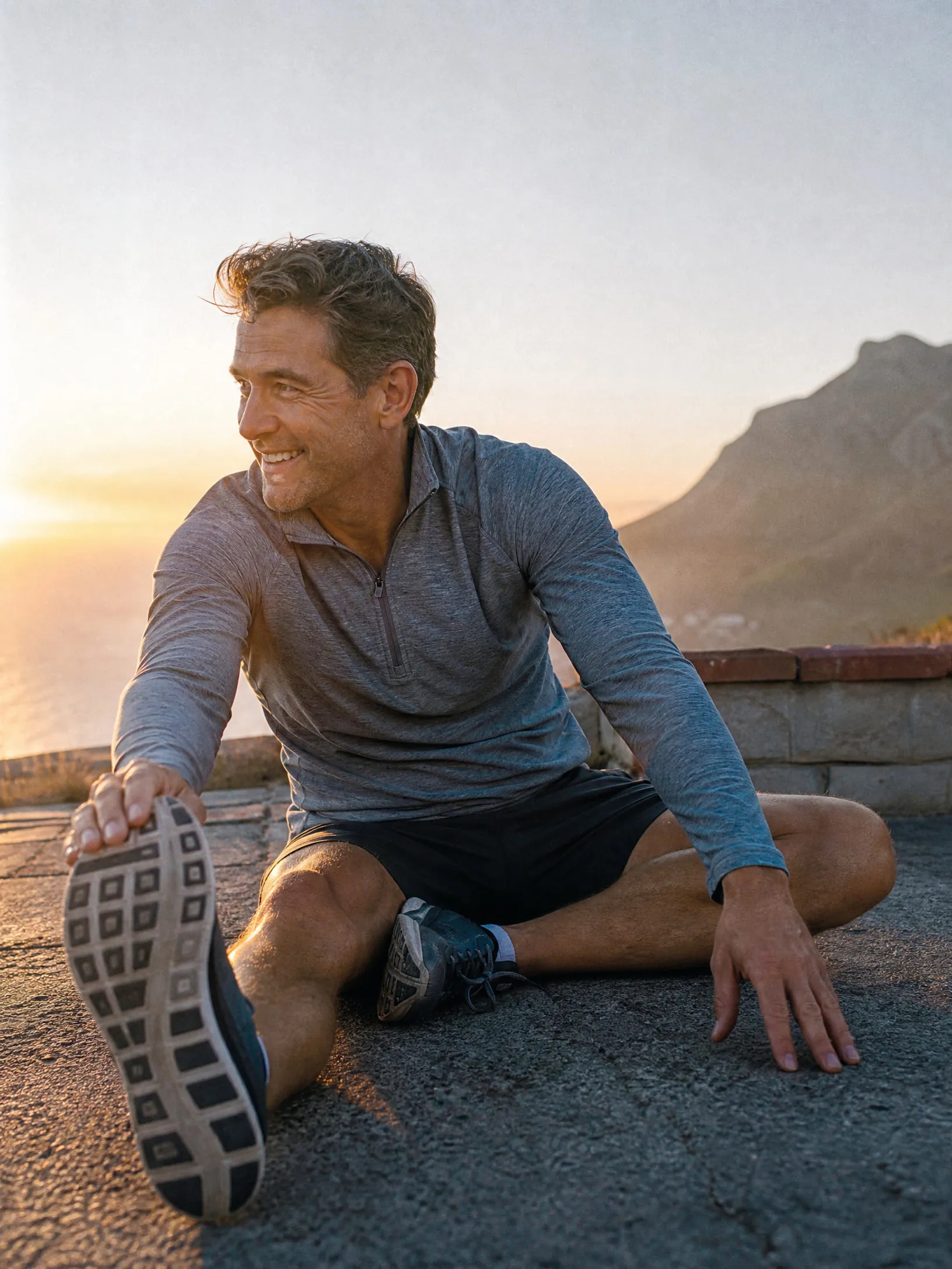 Active, healthy mature man stretching at sunrise
