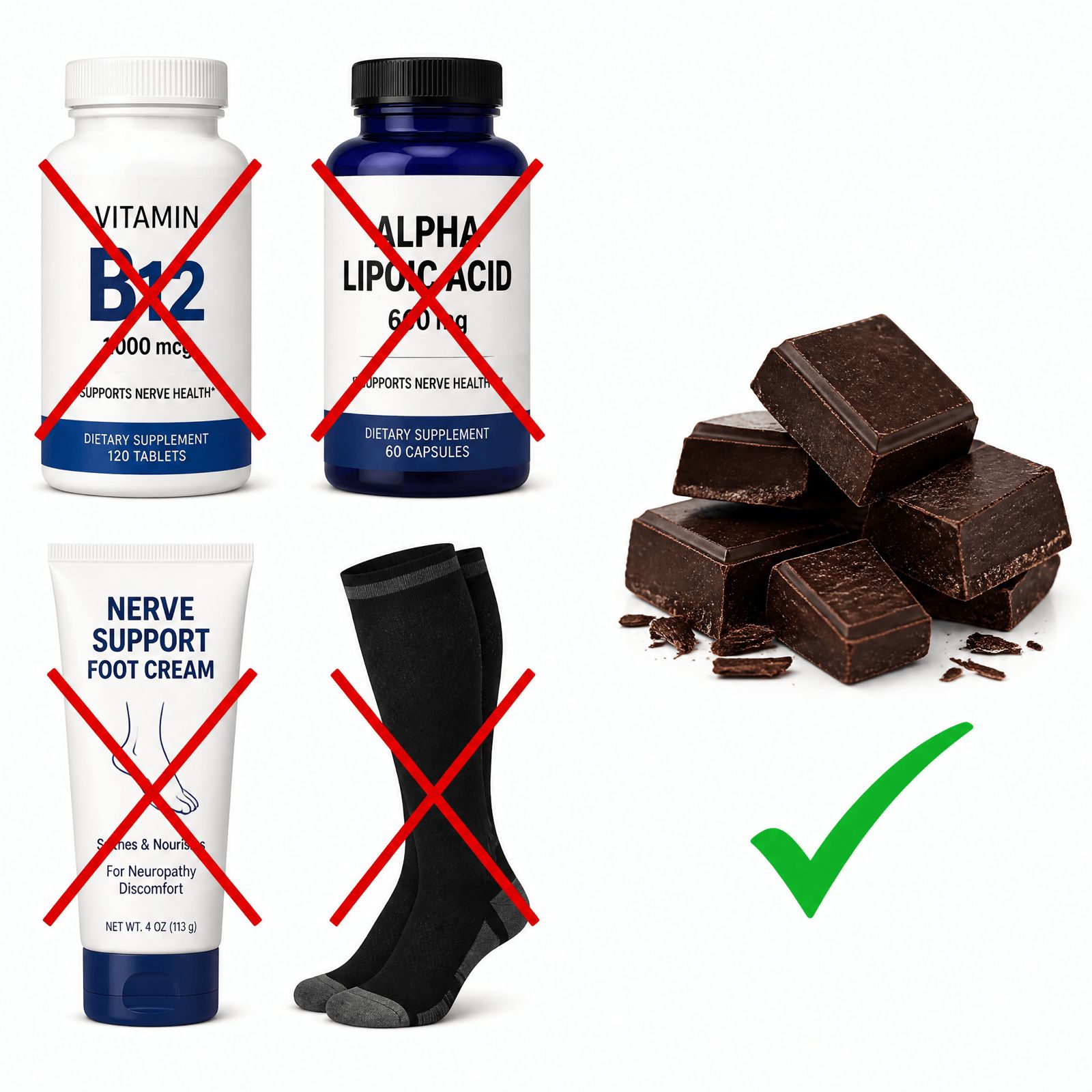 Beets on a plate, pills, and a supplement bottle with red X marks over pills and bottle.