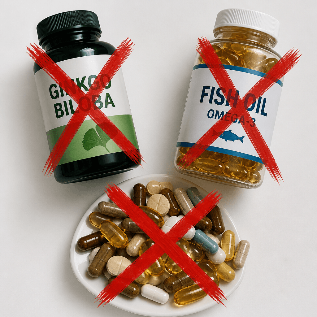 Beets on a plate, pills, and a supplement bottle with red X marks over pills and bottle.