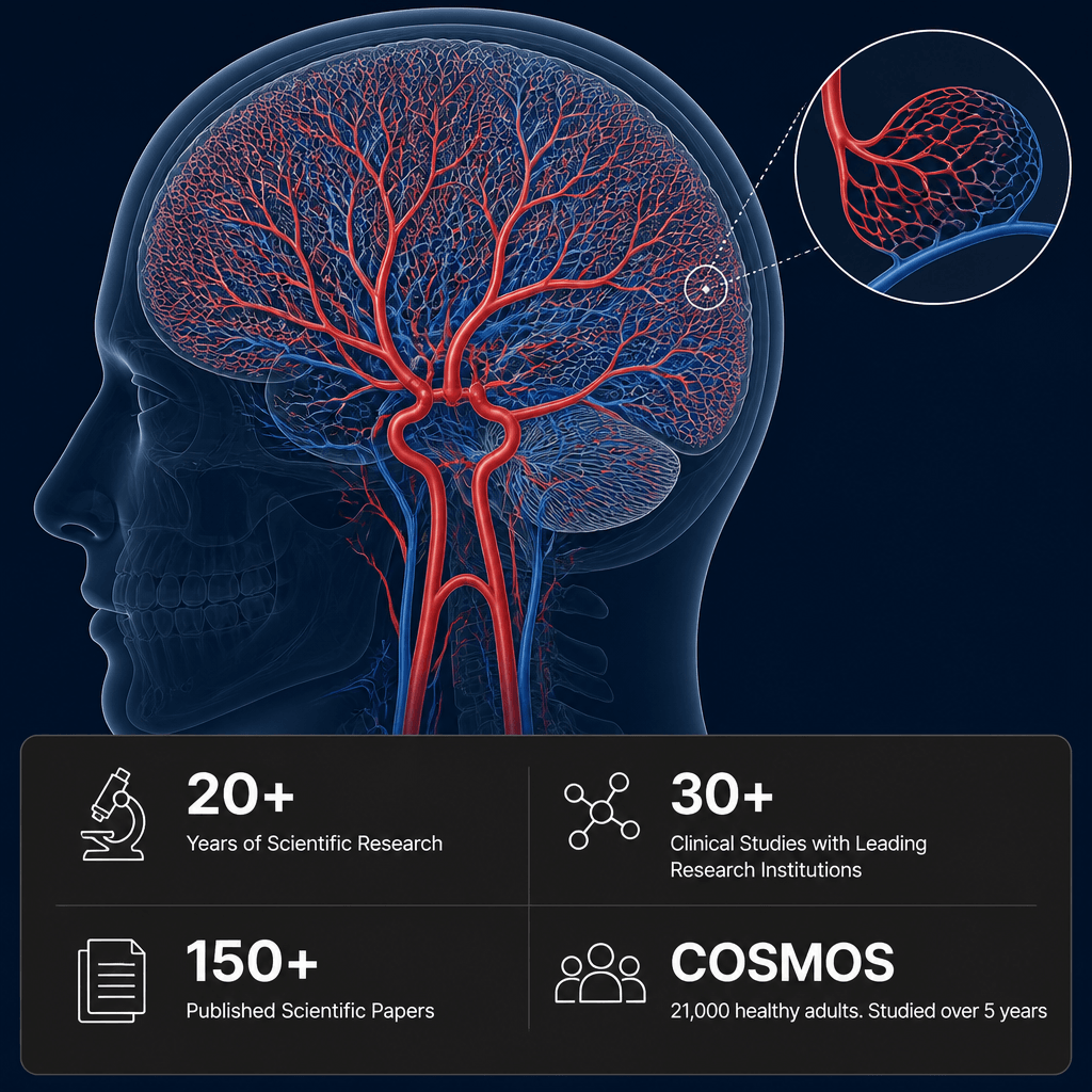 Illustration of human circulatory system with research statistics overlay.