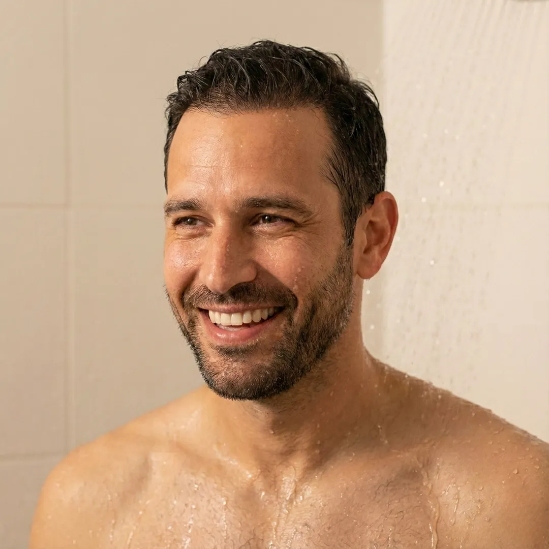 Man jogging outdoors by the water, wearing winter attire.