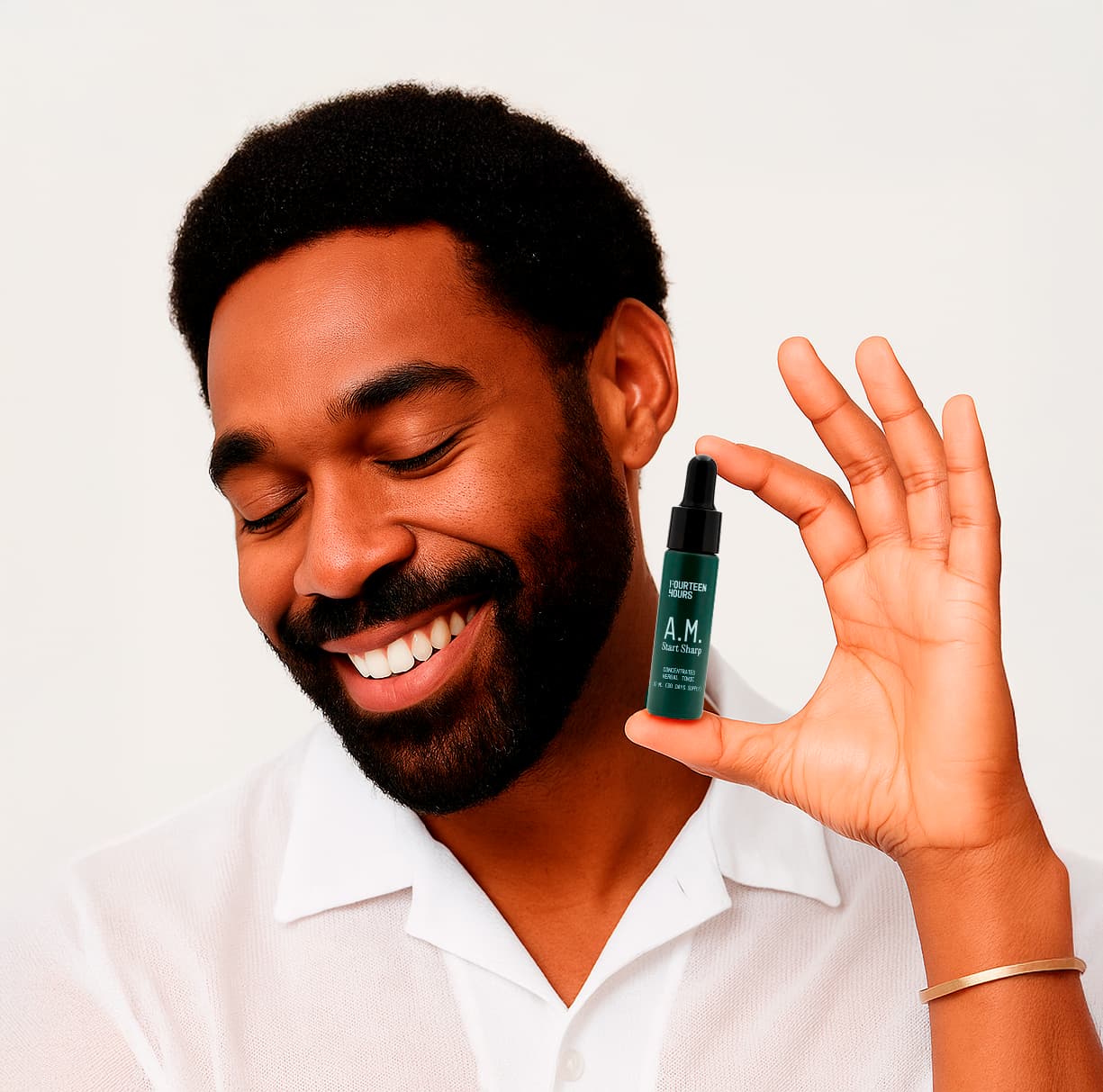 Man holding a container of creatine gummies, looking energetic in a gym setting.