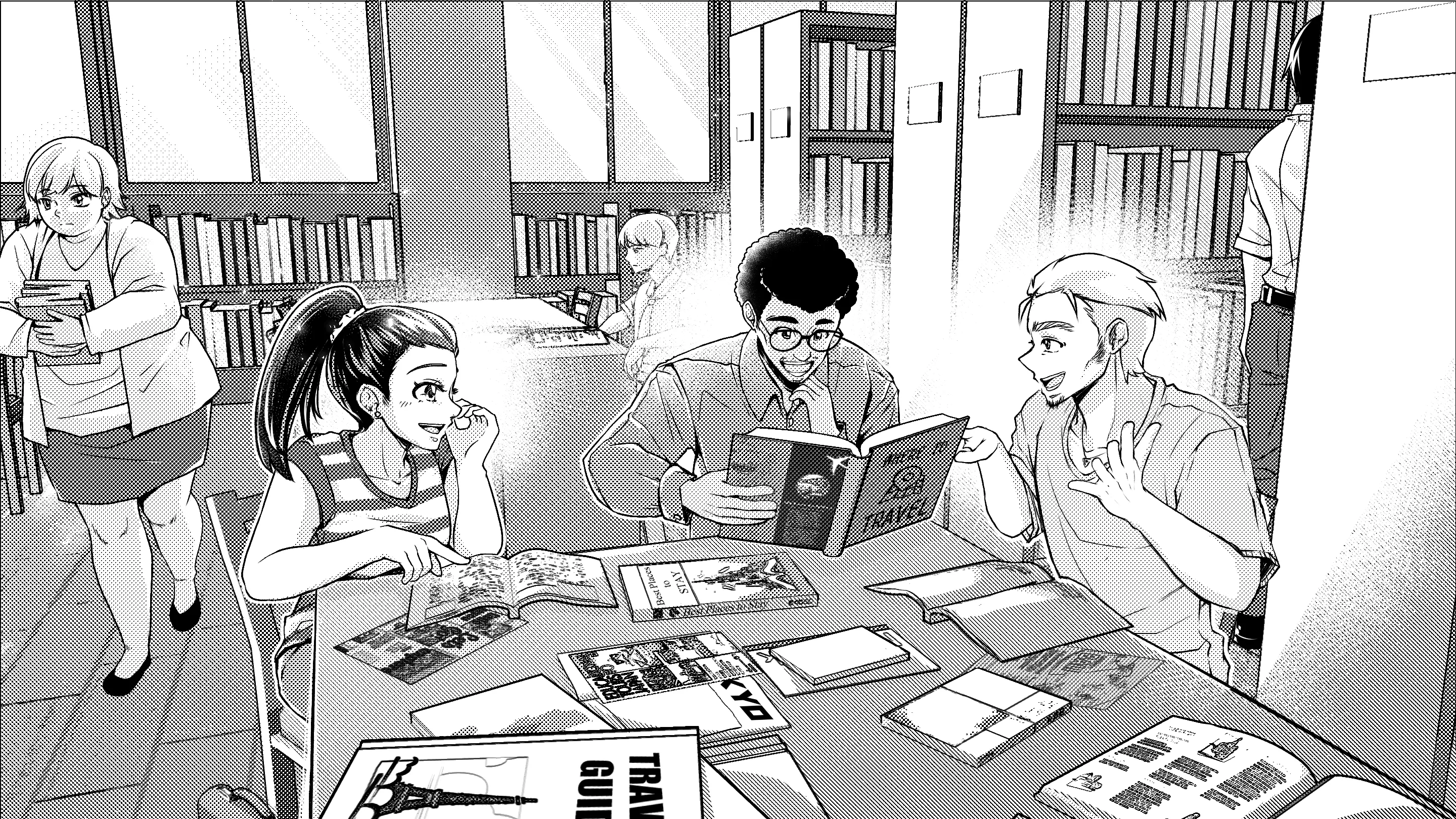 Story illustration from L'Homme au Chapeau with audio player, three friends in a French library