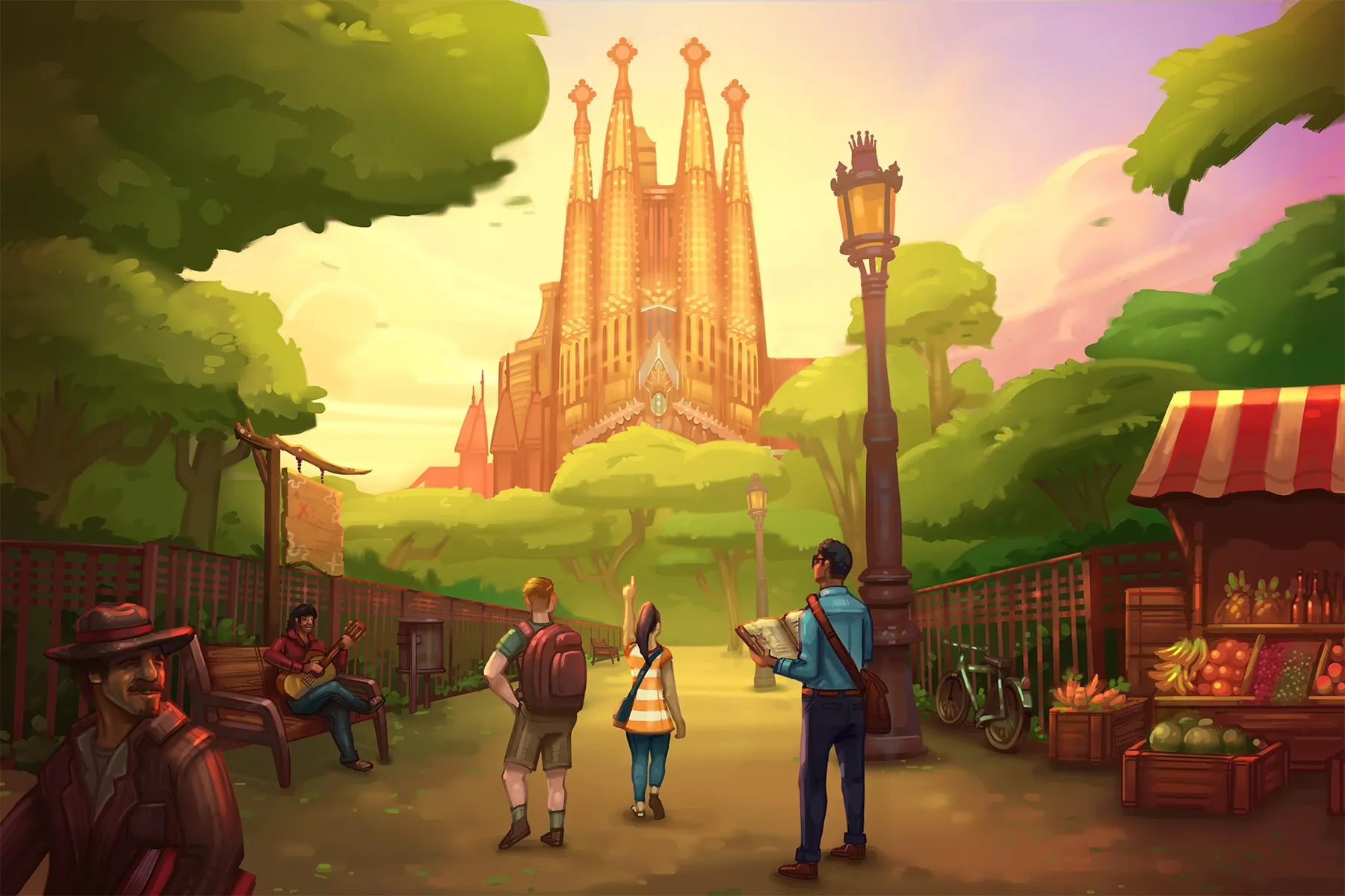 Cover illustration from El Hombre Del Sombrero — three friends exploring Spain