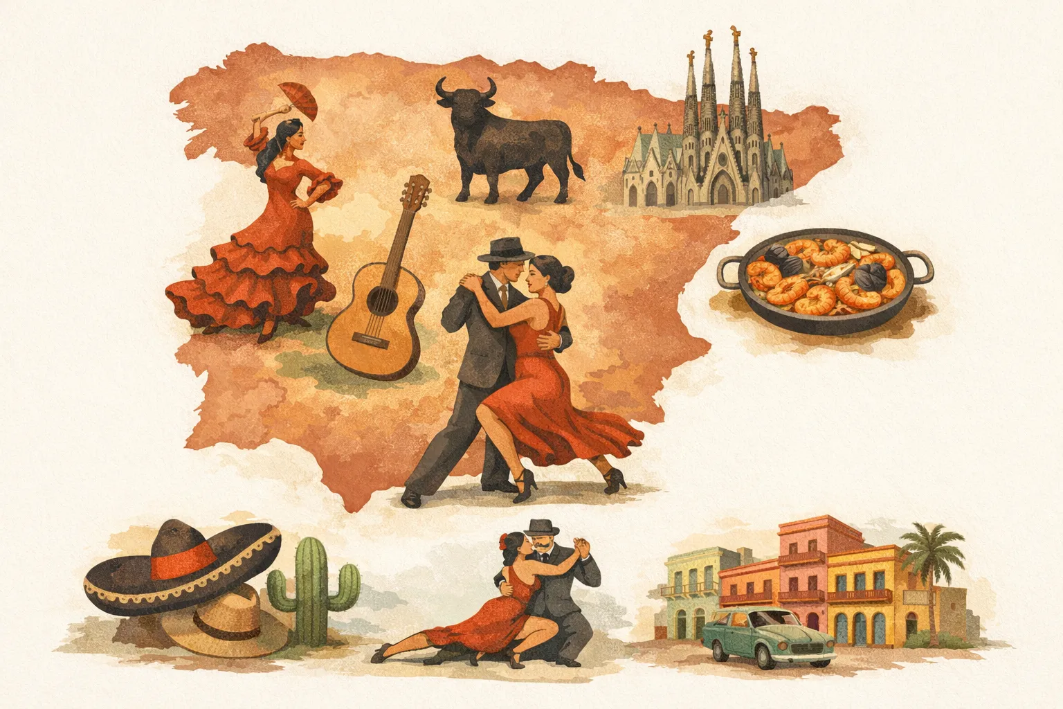 Illustrated cultural map of Spain and Latin America with regional icons