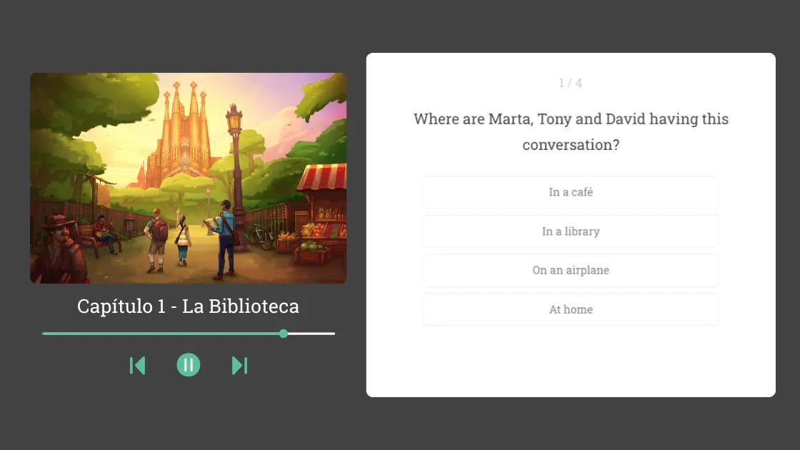 Story comprehension review with illustration and multiple-choice quiz