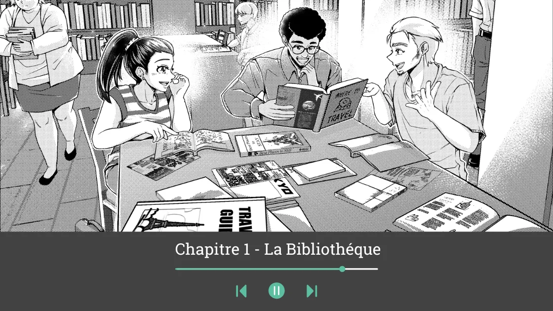 Story illustration from L'Homme au Chapeau with audio player — three friends in a French library