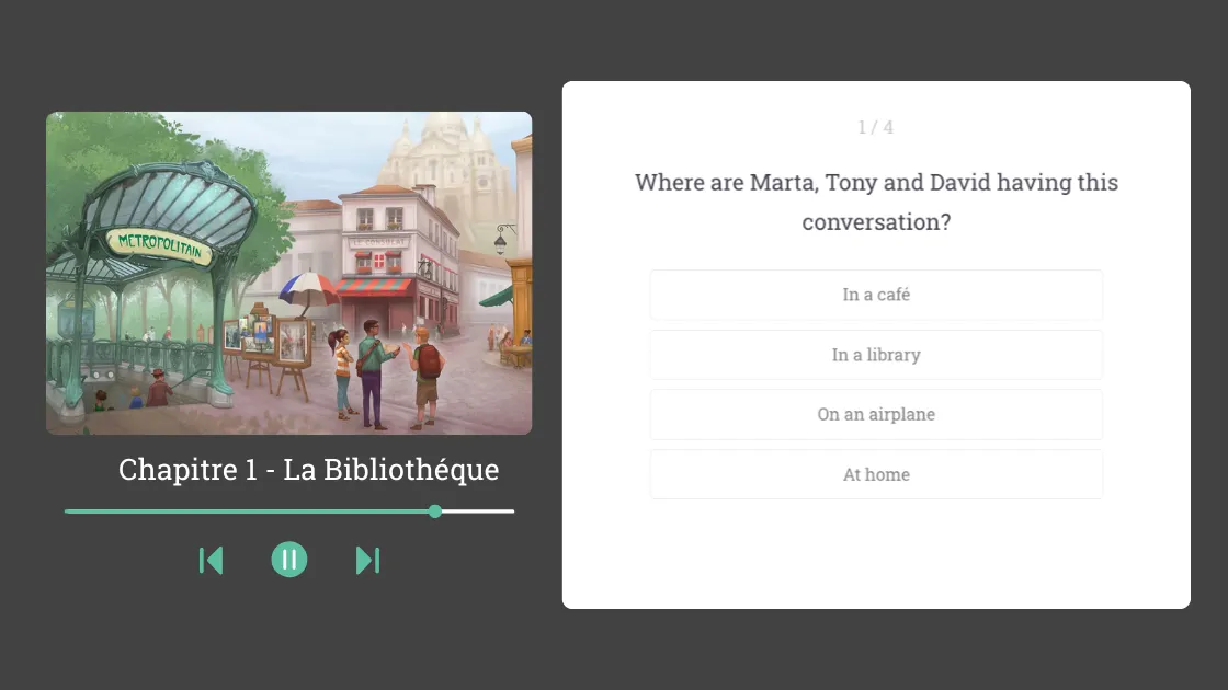 Story comprehension review with illustration and multiple-choice quiz